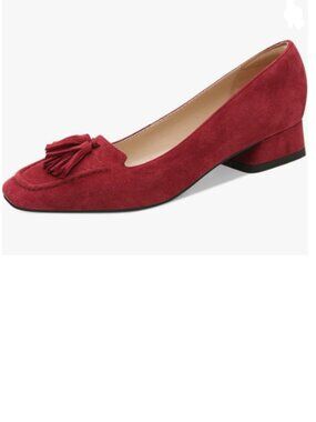 YDN Red Block Low Heel Loafer Square Toe Tassel Fringe Pump Slip On Dress Shoes